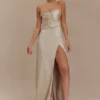 Larissa Satin Maxi Dress With Ruched Petals – Blush Gold Larissa Satin Maxi Dress With Ruched Petals – Blush Gold