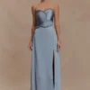 Larissa Satin Maxi Dress With Ruched Petals – Frosted Blue Larissa Satin Maxi Dress With Ruched Petals – Frosted Blue