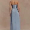 Larissa Satin Maxi Dress With Ruched Petals – Frosted Blue Larissa Satin Maxi Dress With Ruched Petals – Frosted Blue
