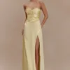 Larissa Satin Maxi Dress With Ruched Petals – Lemon Larissa Satin Maxi Dress With Ruched Petals – Lemon