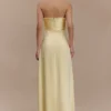 Larissa Satin Maxi Dress With Ruched Petals – Lemon Larissa Satin Maxi Dress With Ruched Petals – Lemon