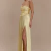 Larissa Satin Maxi Dress With Ruched Petals – Lemon Larissa Satin Maxi Dress With Ruched Petals – Lemon