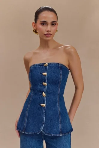 Lennox Strapless Long Line Button Top – Dark Blue Lennox Strapless Long Line Button Top – Dark Blue