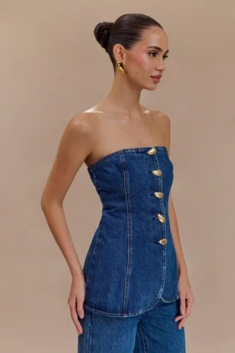 Lennox Strapless Long Line Button Top – Dark Blue Lennox Strapless Long Line Button Top – Dark Blue
