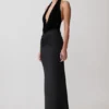 Lien Mesh Velvet Plunge Midi Dress – Black Lien Mesh Velvet Plunge Midi Dress – Black