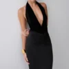 Lien Mesh Velvet Plunge Midi Dress – Black Lien Mesh Velvet Plunge Midi Dress – Black