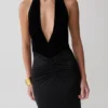 Lien Mesh Velvet Plunge Midi Dress – Black Lien Mesh Velvet Plunge Midi Dress – Black
