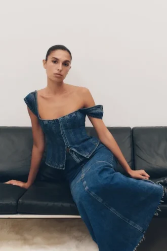 Loretta Cap Sleeve Denim Top – Washed Dark Blue