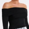 Lucinda Recycled Nylon Off Shoulder Top – Black