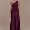Lyla Asymmetrical Satin Maxi Dress – Plum
