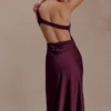 Lyla Asymmetrical Satin Maxi Dress – Plum