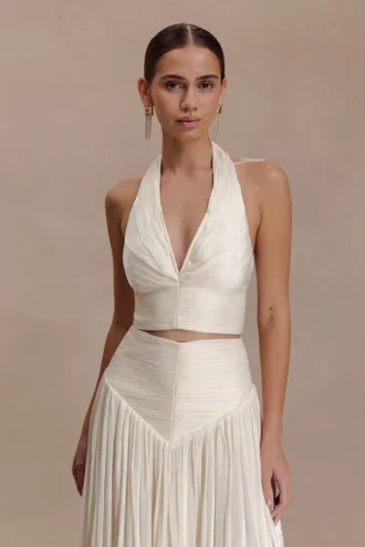 Makena Gathered V Neck Top – Opal White Makena Gathered V Neck Top – Opal White
