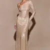 Marcia Diamante Long Sleeve Maxi Dress – Nude