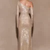 Marcia Diamante Long Sleeve Maxi Dress – Nude