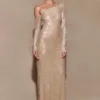 Marcia Diamante Long Sleeve Maxi Dress – Nude
