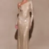 Marcia Diamante Long Sleeve Maxi Dress – Nude