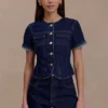 Marge Fitted Denim Short Sleeve Top – Indigo Blue