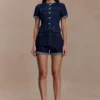 Marge Fitted Denim Short Sleeve Top – Indigo Blue