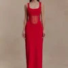 Marlon Crepe And Mesh Maxi Dress – Cherry Red Marlon Crepe And Mesh Maxi Dress – Cherry Red