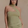 Mattea Slinky And Mesh Mini Dress With Scarf – Sage