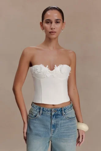 Melany Applique Denim Bustier – White