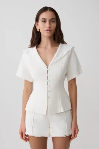 Melody Short Sleeve Shirt With Lace Collar – White Melody Short Sleeve Shirt With Lace Collar – White