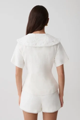 Melody Short Sleeve Shirt With Lace Collar – White Melody Short Sleeve Shirt With Lace Collar – White