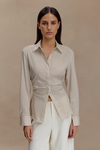 Millie Tie Back Cotton Shirt – Beige Pinstripe