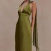 Myla Draped Shoulders Satin Maxi Dress – Khaki Myla Draped Shoulders Satin Maxi Dress – Khaki