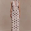 Nadine Halter Chiffon Maxi Dress – Ivory/Merlot Polka Dot Nadine Halter Chiffon Maxi Dress – Ivory/Merlot Polka Dot