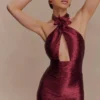 Nylah Beaded Halter Mini Dress – Burgundy
