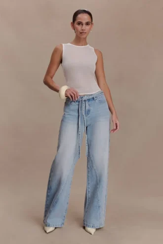 Perrie Mid Rise Straight Leg Tie Jeans – Washed Light Blue Perrie Mid Rise Straight Leg Tie Jeans – Washed Light Blue