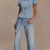 Perrie Mid Rise Straight Leg Tie Jeans – Washed Light Blue Perrie Mid Rise Straight Leg Tie Jeans – Washed Light Blue