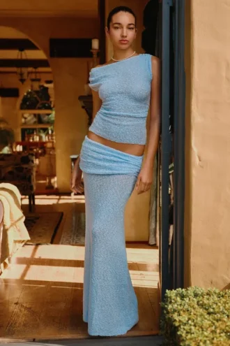 Petra Ruched Knit Maxi Skirt – Light Blue