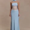 Pilar Strapless Satin And Lace Maxi Dress – Cornflower Blue Pilar Strapless Satin And Lace Maxi Dress – Cornflower Blue