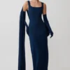 Rhea Detachable Cape Jersey Maxi Dress – Navy