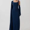 Rhea Detachable Cape Jersey Maxi Dress – Navy