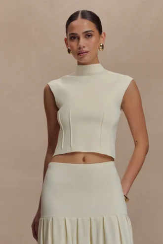 Romaine High Neck Bandage Knit Top – Ivory Romaine High Neck Bandage Knit Top – Ivory