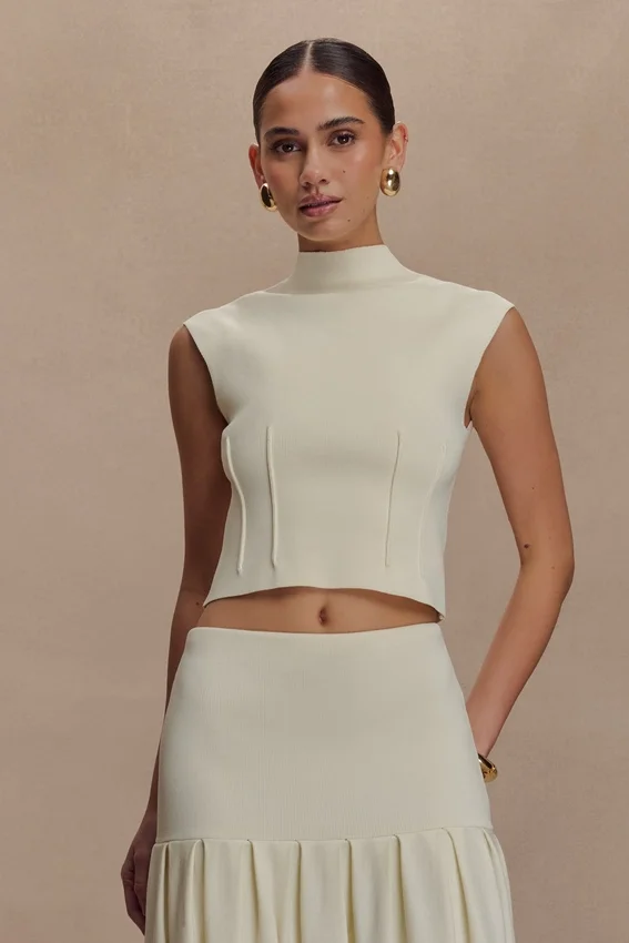 Romaine High Neck Bandage Knit Top – Ivory Romaine High Neck Bandage Knit Top – Ivory