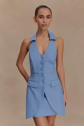 Ruth Cotton Halter Mini Dress – Ocean Blue
