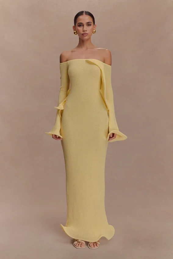 Sandrine Off Shoulder Knit Maxi Dress – Lemon Sandrine Off Shoulder Knit Maxi Dress – Lemon