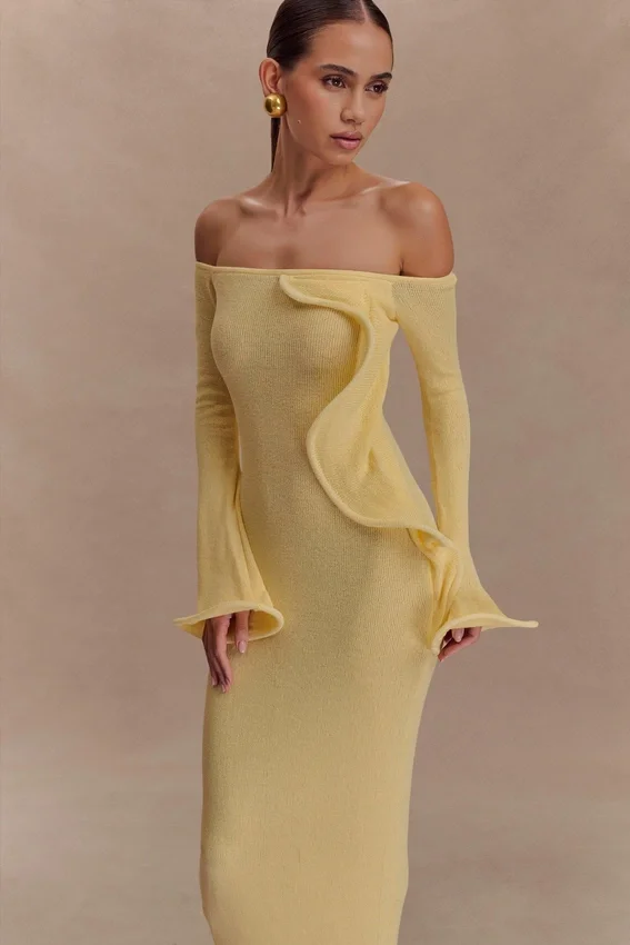 Sandrine Off Shoulder Knit Maxi Dress – Lemon Sandrine Off Shoulder Knit Maxi Dress – Lemon