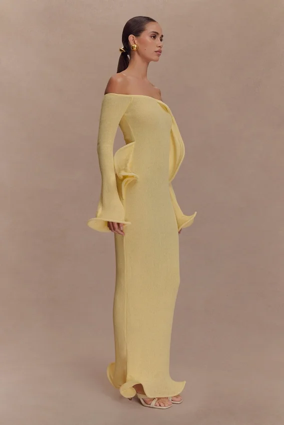Sandrine Off Shoulder Knit Maxi Dress – Lemon Sandrine Off Shoulder Knit Maxi Dress – Lemon