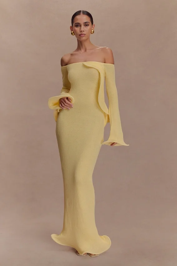 Sandrine Off Shoulder Knit Maxi Dress – Lemon Sandrine Off Shoulder Knit Maxi Dress – Lemon