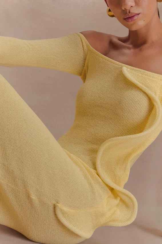 Sandrine Off Shoulder Knit Maxi Dress – Lemon Sandrine Off Shoulder Knit Maxi Dress – Lemon