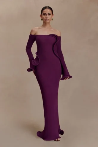 Sandrine Off Shoulder Knit Maxi Dress – Plum