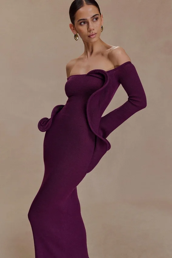 Sandrine Off Shoulder Knit Maxi Dress – Plum Sandrine Off Shoulder Knit Maxi Dress – Plum