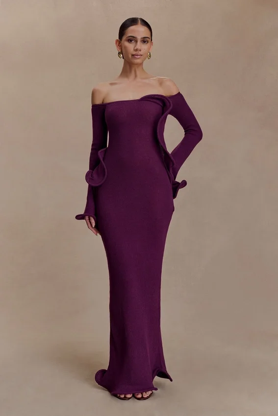 Sandrine Off Shoulder Knit Maxi Dress – Plum Sandrine Off Shoulder Knit Maxi Dress – Plum