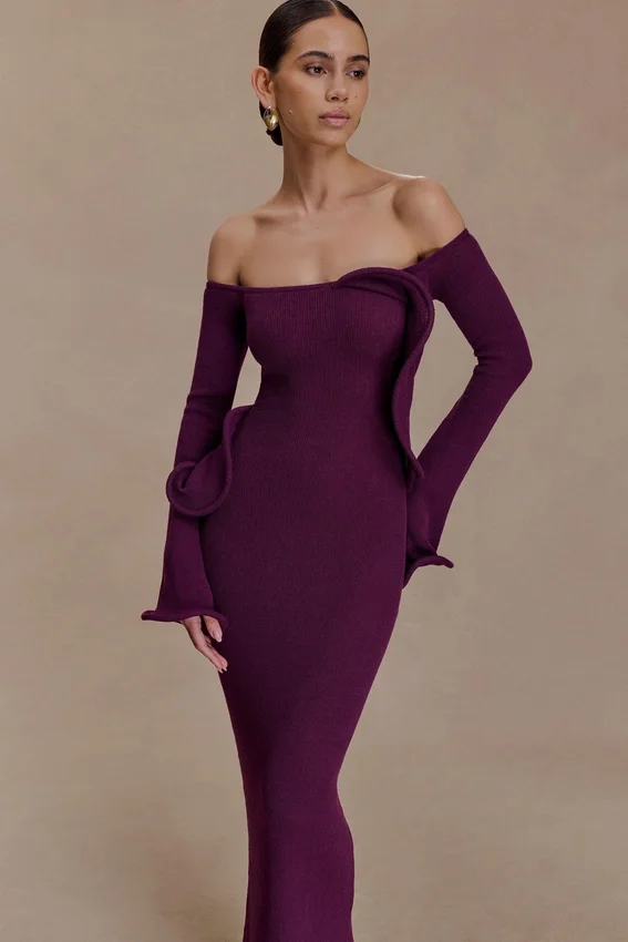 Sandrine Off Shoulder Knit Maxi Dress – Plum Sandrine Off Shoulder Knit Maxi Dress – Plum