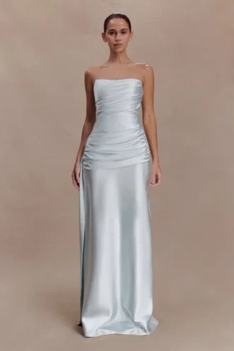 Sarah Strapless Maxi Dress With Waist Tie – Ice Blue